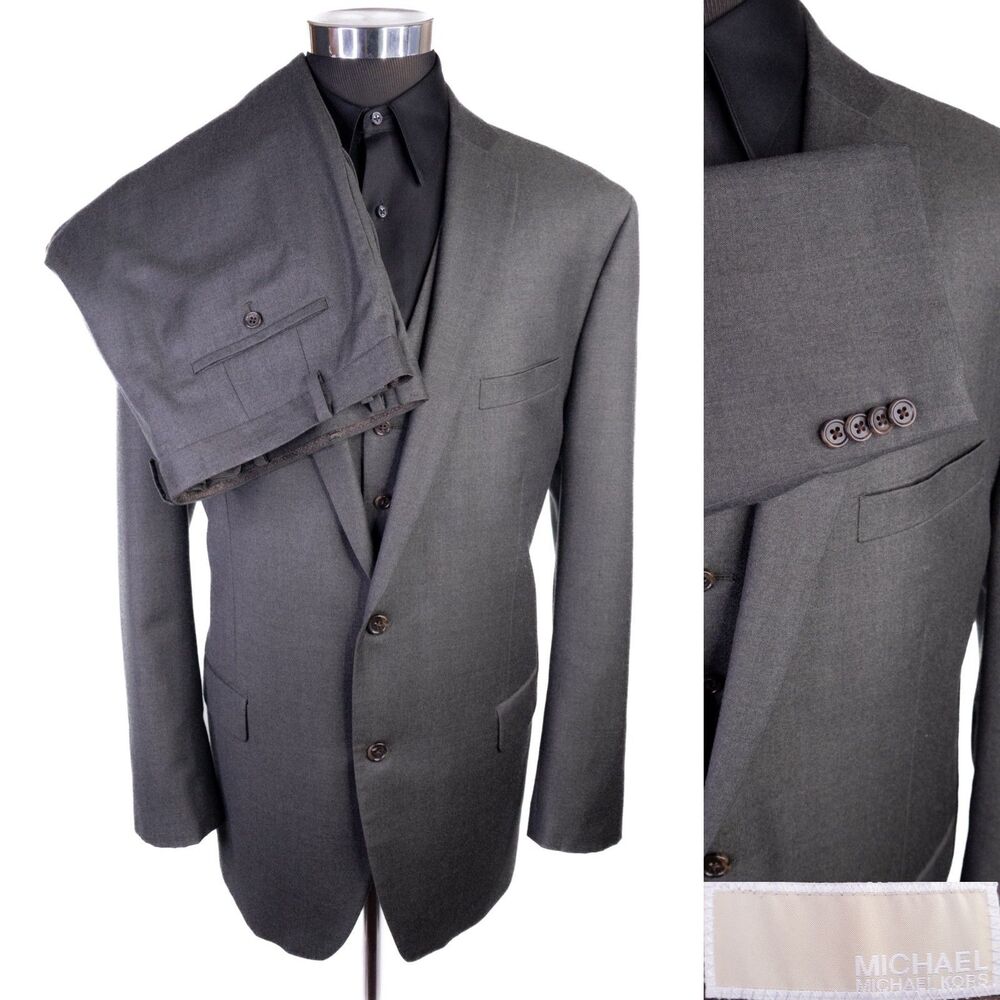MICHAEL KORS 3-Pcs SLIM Olive Green Wool Vest/Blazer/Pants Sz 46L Pants 40X29.5
